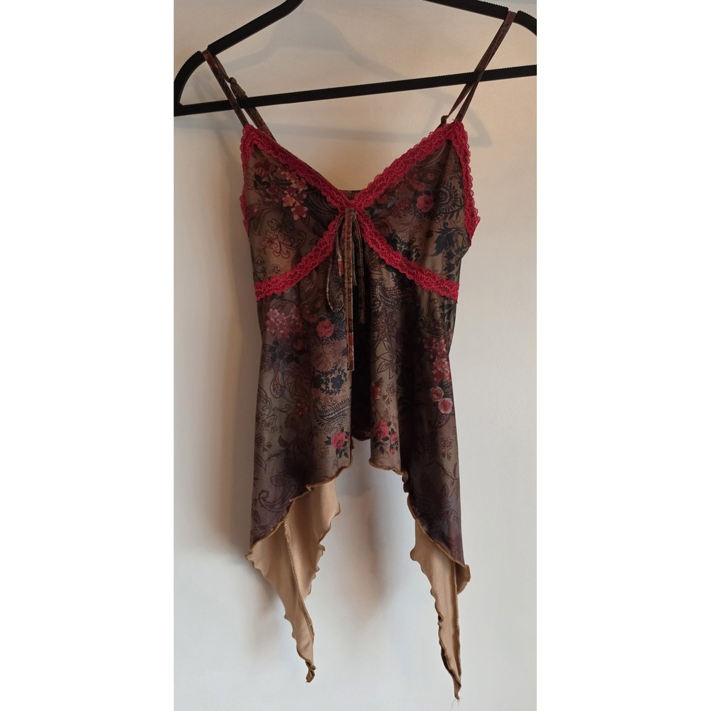 ROMWE Womens M Sleeveless Floral Tank Top Brown Red Y2K Style Retro